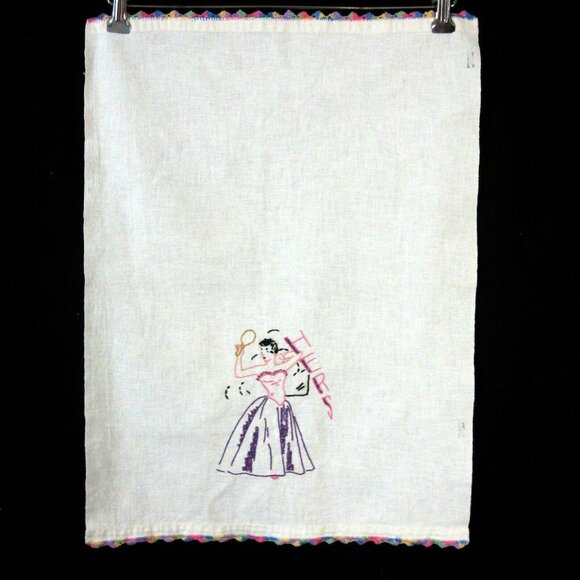 Flour Sack Linen His and Hers Towels Embroidered Crochet Edge Vintage 1950s - Picture 4 of 11